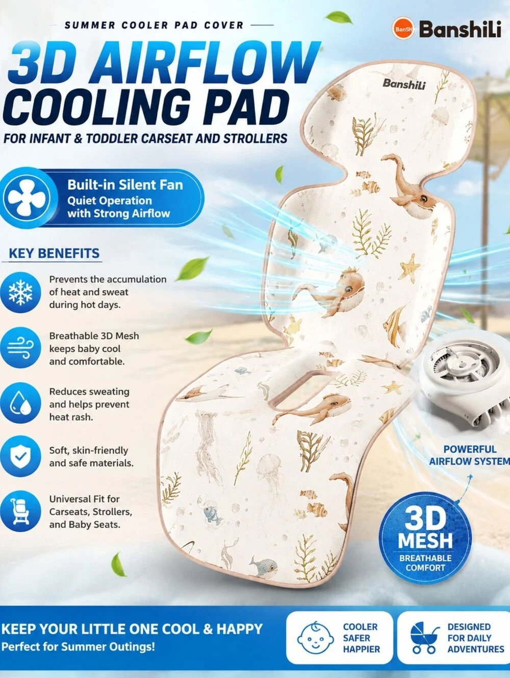 NIB Banshili 3D Airflow Cooling Stroller Pad Line Liner & Cushion Cover